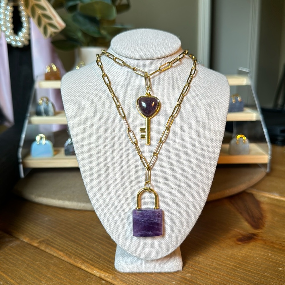 Amythyst, Gold Chain Necklace Set with Key & Padlock Pendants